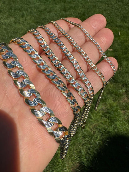 Flat Curb Cuban Chain Necklace - Two Tone Diamond Cut 14k Gold Vermeil 925 Sterling Silver - 16"-30" - 3mm-10.5mm
