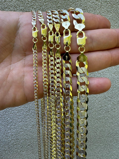 Flat Curb Cuban Chain Necklace - Two Tone Diamond Cut 14k Gold Vermeil 925 Sterling Silver - 16"-30" - 3mm-10.5mm
