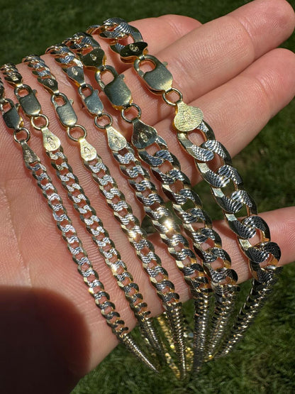 Flat Curb Cuban Chain Necklace - Two Tone Diamond Cut 14k Gold Vermeil 925 Sterling Silver - 16"-30" - 3mm-10.5mm