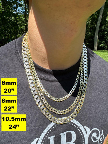 Flat Curb Cuban Chain Necklace - Two Tone Diamond Cut 14k Gold Vermeil 925 Sterling Silver - 16"-30" - 3mm-10.5mm