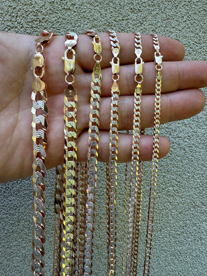 Flat Curb Cuban Chain Necklace - Two Tone Diamond Cut 14k Rose Gold Vermeil 925 Sterling Silver - 16"-30" - 3mm-10.5mm