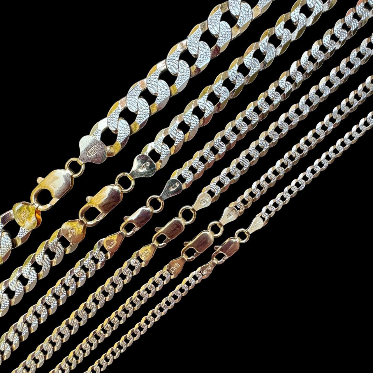 Flat Curb Cuban Chain Necklace - Two Tone Diamond Cut 14k Rose Gold Vermeil 925 Sterling Silver - 16"-30" - 3mm-10.5mm
