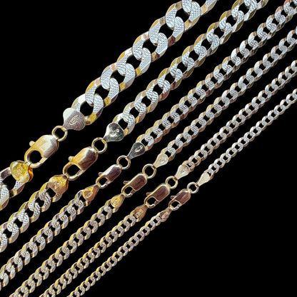 Flat Curb Cuban Chain Necklace - Two Tone Diamond Cut 14k Rose Gold Vermeil 925 Sterling Silver - 16"-30" - 3mm-10.5mm