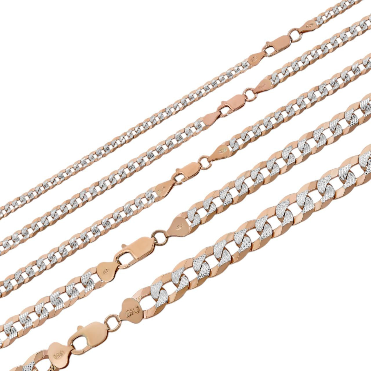 Flat Curb Cuban Chain Necklace - Two Tone Diamond Cut 14k Rose Gold Vermeil 925 Sterling Silver - 16"-30" - 3mm-10.5mm