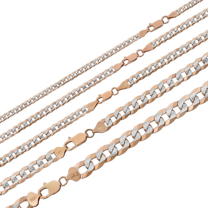 Flat Curb Cuban Chain Necklace - Two Tone Diamond Cut 14k Rose Gold Vermeil 925 Sterling Silver - 16"-30" - 3mm-10.5mm