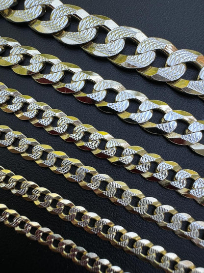 Flat Curb Cuban Chain Necklace - Two Tone Diamond Cut 14k Rose Gold Vermeil 925 Sterling Silver - 16"-30" - 3mm-10.5mm