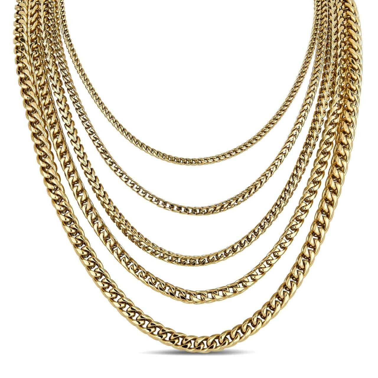Franco Chain Necklace - 14k Yellow Gold Plated Stainless Steel - 18"-30" - 3mm-8mm
