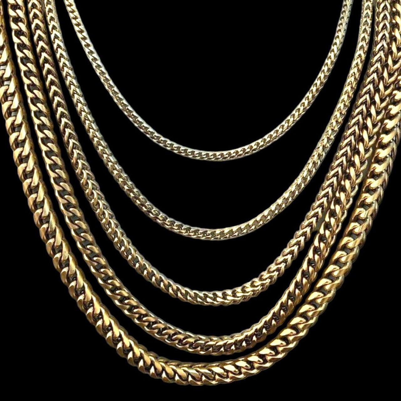 Franco Chain Necklace - 14k Yellow Gold Plated Stainless Steel - 18"-30" - 3mm-8mm
