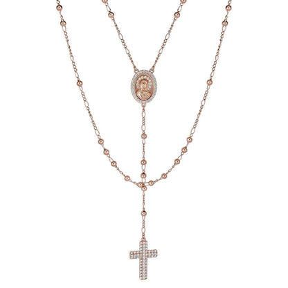 Holy Vatican Rosary Beads Necklace Iced Out CZ Stones - 14k Rose Gold Vermeil 925 Silver - 4mm - 30"