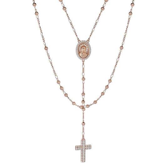 Holy Vatican Rosary Beads Necklace Iced Out CZ Stones - 14k Rose Gold Vermeil 925 Silver - 4mm - 30"