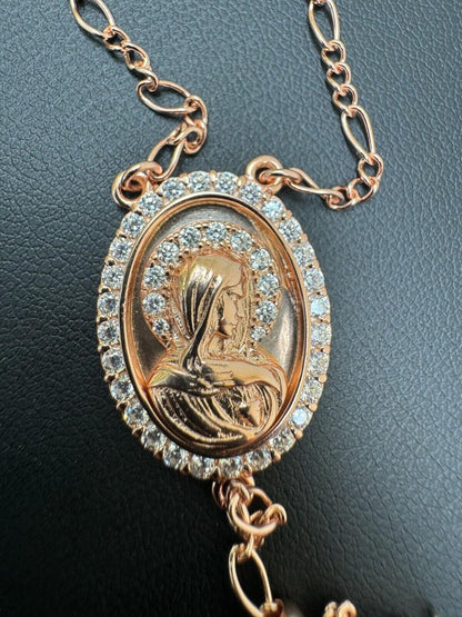 Holy Vatican Rosary Beads Necklace Iced Out CZ Stones - 14k Rose Gold Vermeil 925 Silver - 4mm - 30"