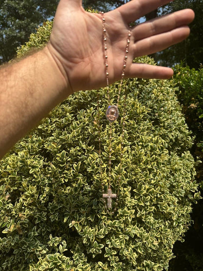 Holy Vatican Rosary Beads Necklace Iced Out CZ Stones - 14k Rose Gold Vermeil 925 Silver - 4mm - 30"