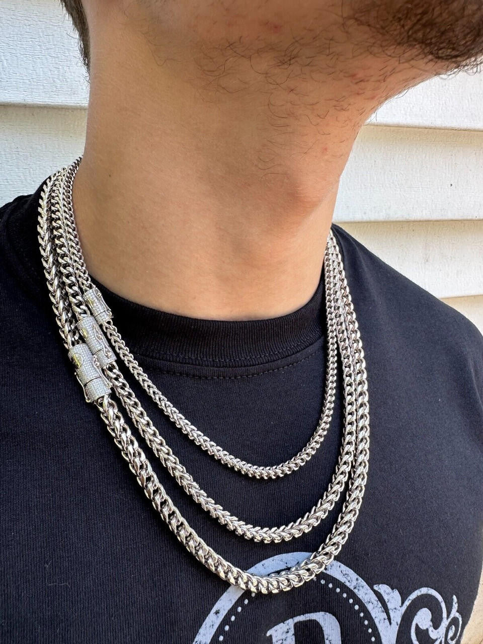 MOISSANITE CLASP Franco Chain Necklace - Stainless Steel W. 925 Silver Clasp - 18"-30" - 4mm-6mm