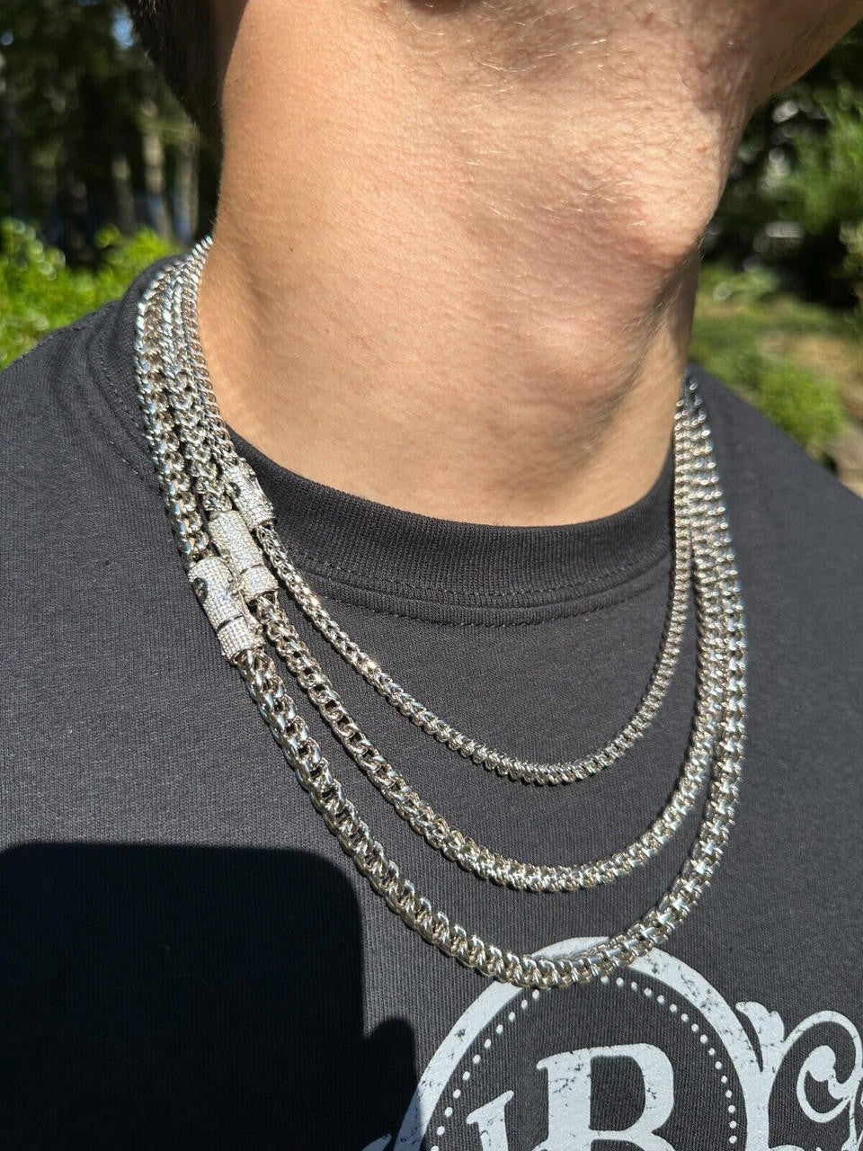 MOISSANITE CLASP Franco Chain Necklace - Stainless Steel W. 925 Silver Clasp - 18"-30" - 4mm-6mm