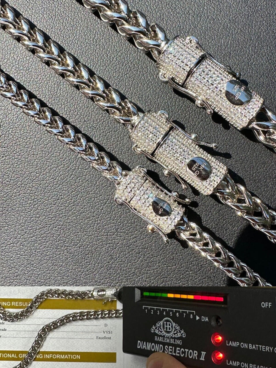 MOISSANITE CLASP Franco Chain Necklace - Stainless Steel W. 925 Silver Clasp - 18"-30" - 4mm-6mm