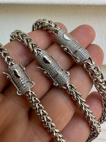 MOISSANITE CLASP Franco Chain Necklace - Stainless Steel W. 925 Silver Clasp - 18"-30" - 4mm-6mm