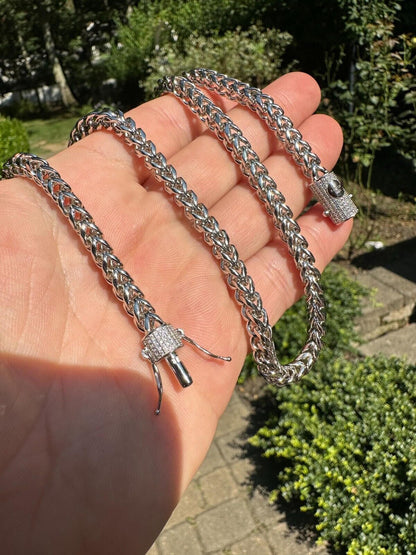 MOISSANITE CLASP Franco Chain Necklace - Stainless Steel W. 925 Silver Clasp - 18"-30" - 4mm-6mm