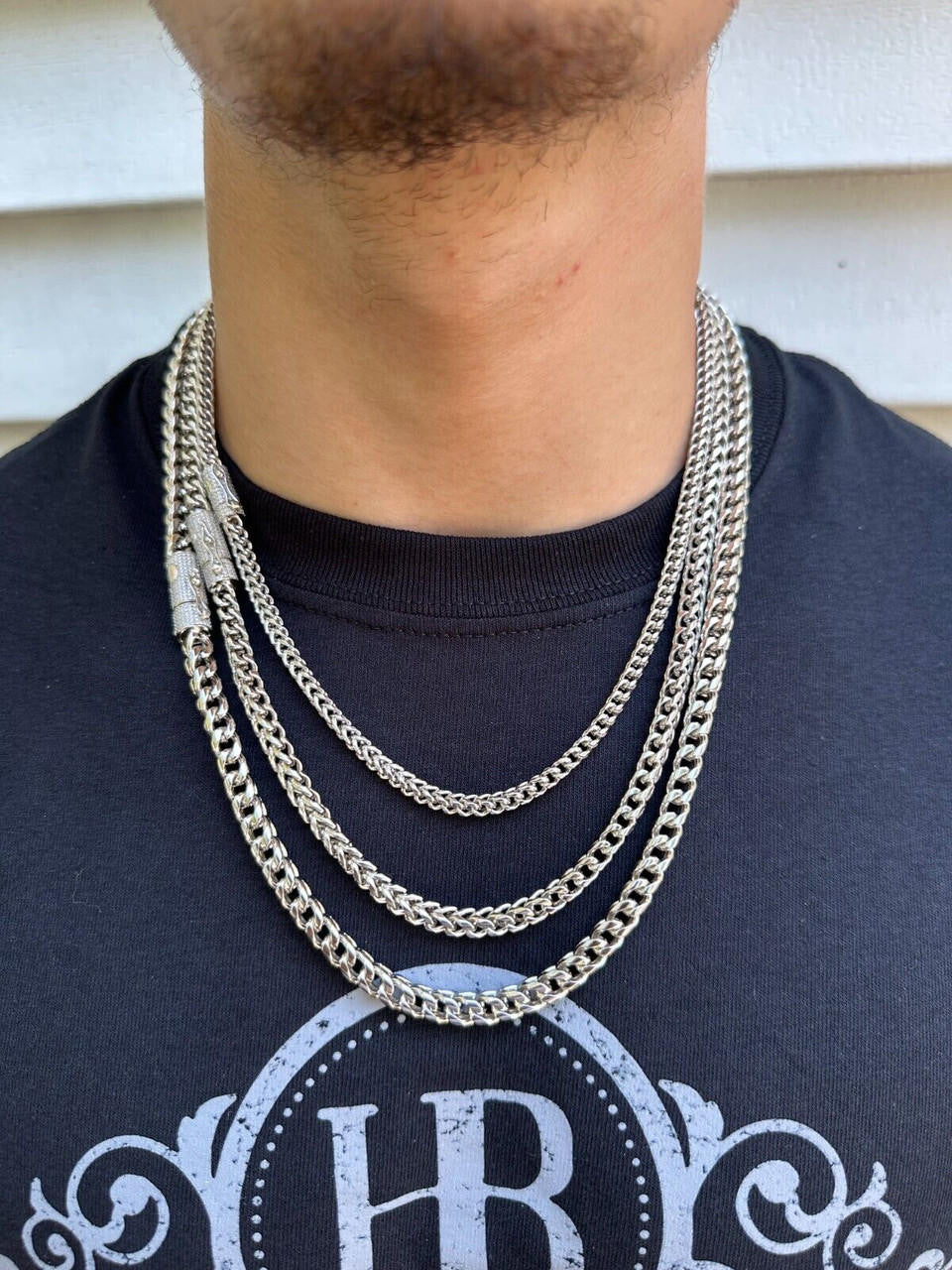 MOISSANITE CLASP Franco Chain Necklace - Stainless Steel W. 925 Silver Clasp - 18"-30" - 4mm-6mm