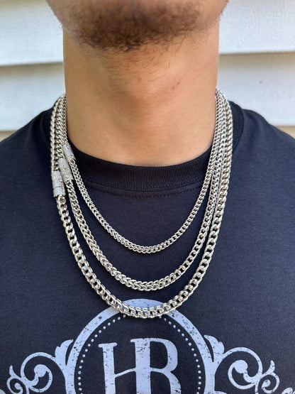 MOISSANITE CLASP Franco Chain Necklace - Stainless Steel W. 925 Silver Clasp - 18"-30" - 4mm-6mm