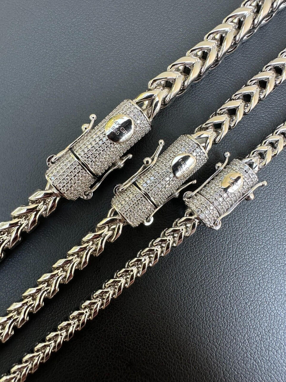 MOISSANITE CLASP Franco Chain Necklace - Stainless Steel W. 925 Silver Clasp - 18"-30" - 4mm-6mm