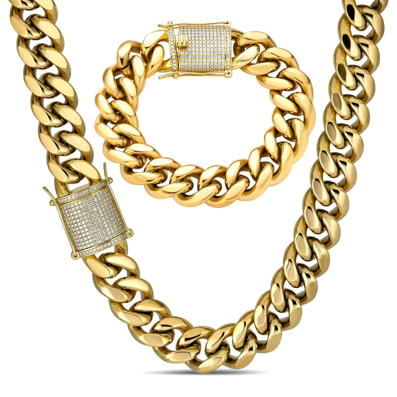 Kilo Cuban MOISSANITE CLASP Miami Cuban Link Chain Necklace Or Bracelet - 14k Yellow Gold Plated Stainless Steel - 7"-30" - 18mm