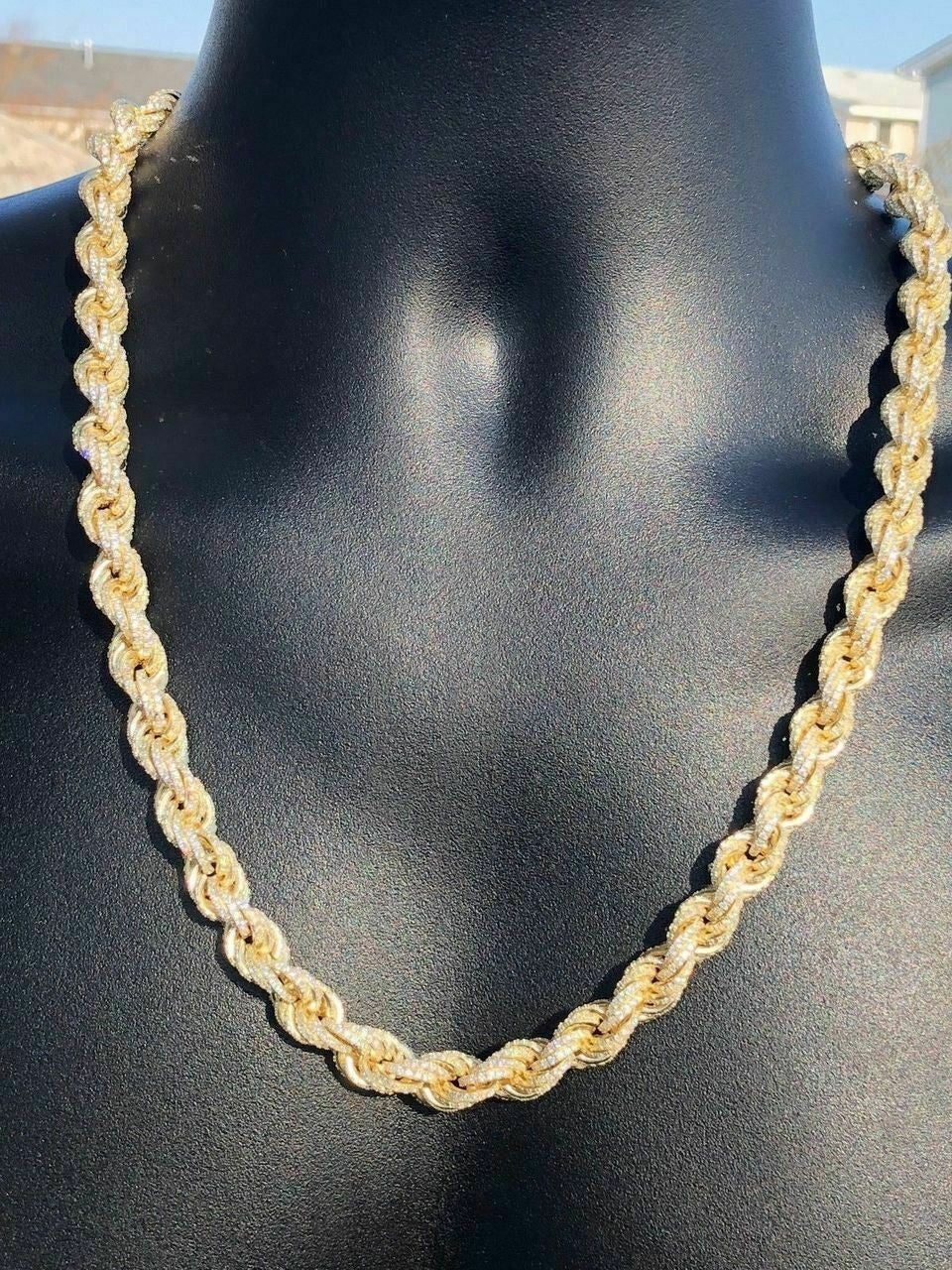 Rope Chain Necklace Iced Out CZ Stones - 14k Gold Vermeil 925 Silver - 9mm - 16-30"