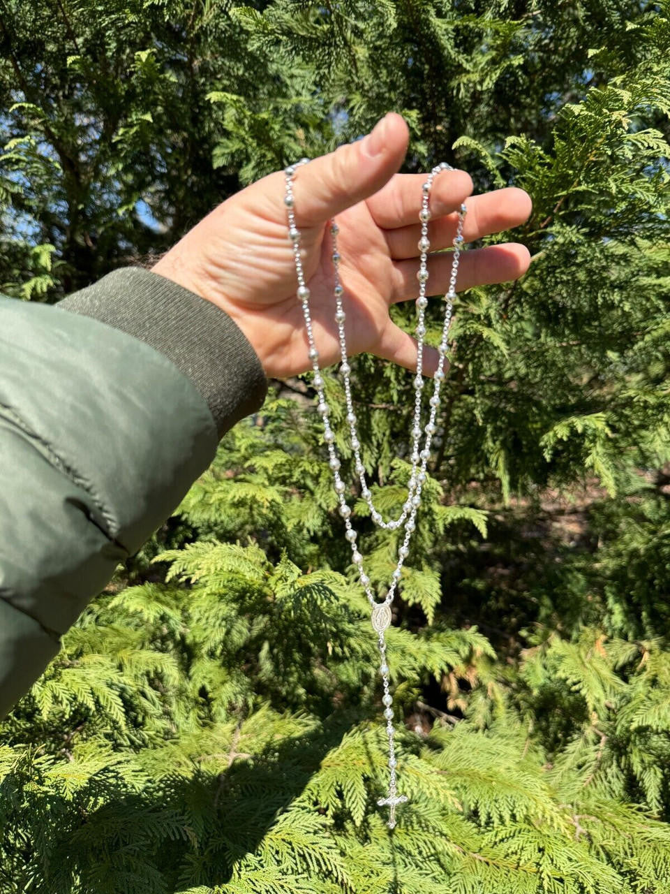 Hail Mary & Our Father Rosary Beads Necklace - 925 Silver - 5mm - 30"