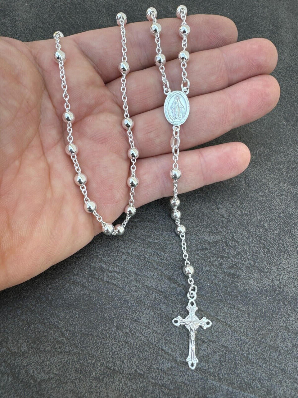 Hail Mary & Our Father Rosary Beads Necklace - 925 Silver - 5mm - 30"