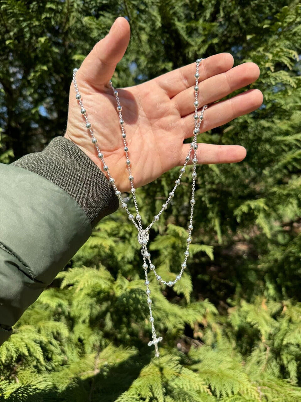 Hail Mary & Our Father Rosary Beads Necklace - 925 Silver - 5mm - 30"