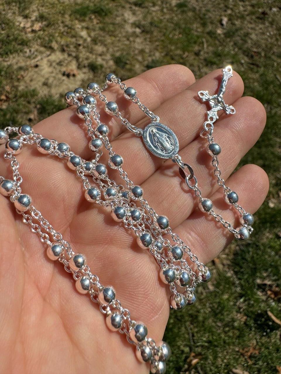 Hail Mary & Our Father Rosary Beads Necklace - 925 Silver - 5mm - 30"