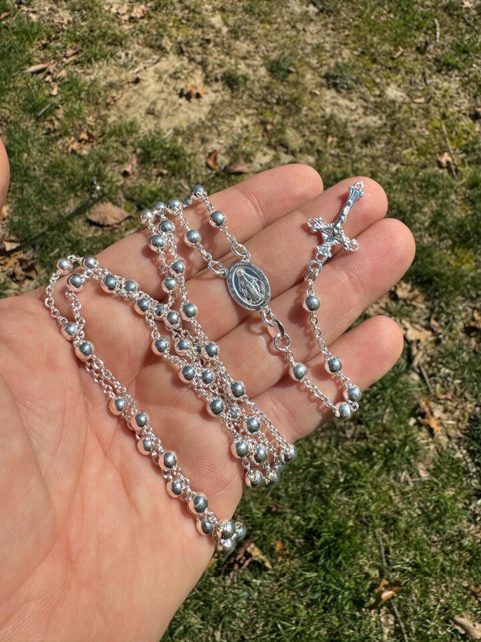 Hail Mary & Our Father Rosary Beads Necklace - 925 Silver - 5mm - 30"