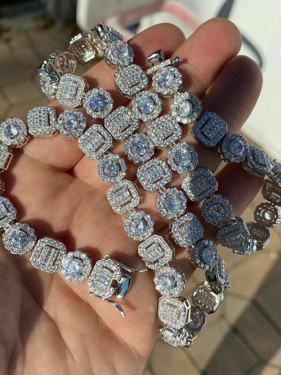 Cluster Tennis Link Chain Necklace Iced Out CZ Stones - 925 Silver - 10.5mm - 16"-30"