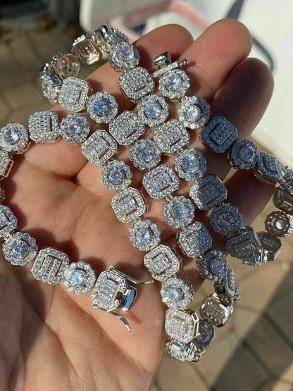 Cluster Tennis Link Chain Necklace Iced Out CZ Stones - 925 Silver - 10.5mm - 16"-30"