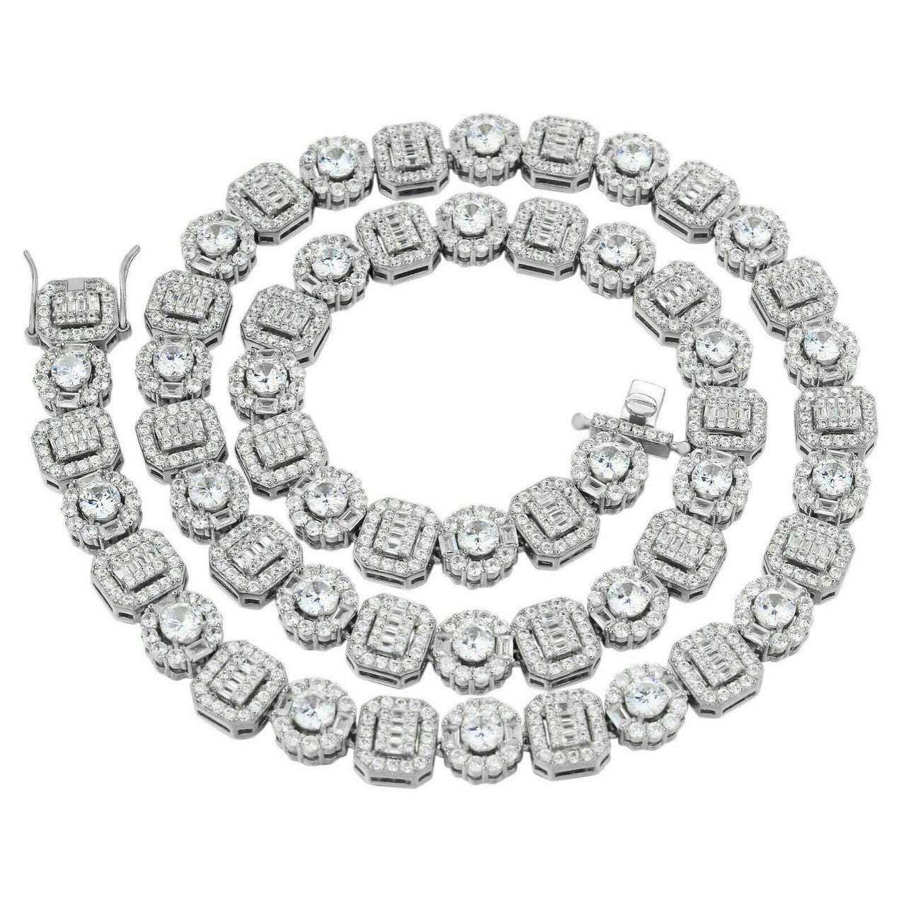 Cluster Tennis Link Chain Necklace Iced Out CZ Stones - 925 Silver - 10.5mm - 16"-30"