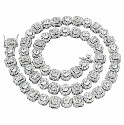 Cluster Tennis Link Chain Necklace Iced Out CZ Stones - 925 Silver - 10.5mm - 16"-30"