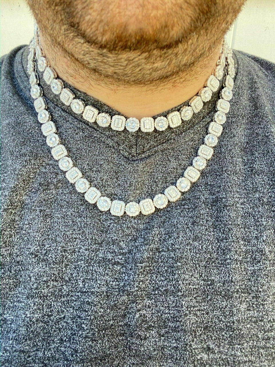 Cluster Tennis Link Chain Necklace Iced Out CZ Stones - 925 Silver - 10.5mm - 16"-30"