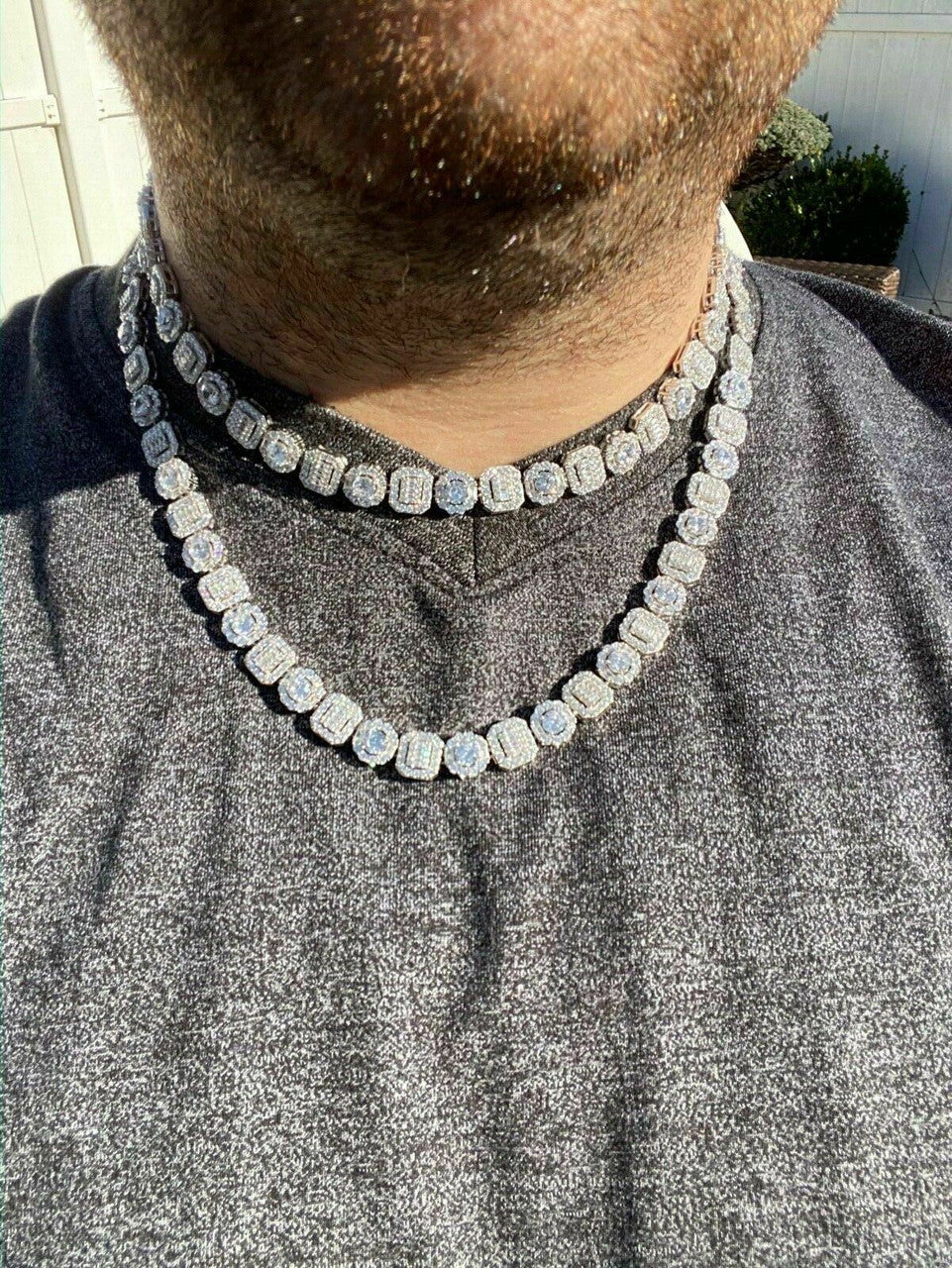 Cluster Tennis Link Chain Necklace Iced Out CZ Stones - 925 Silver - 10.5mm - 16"-30"