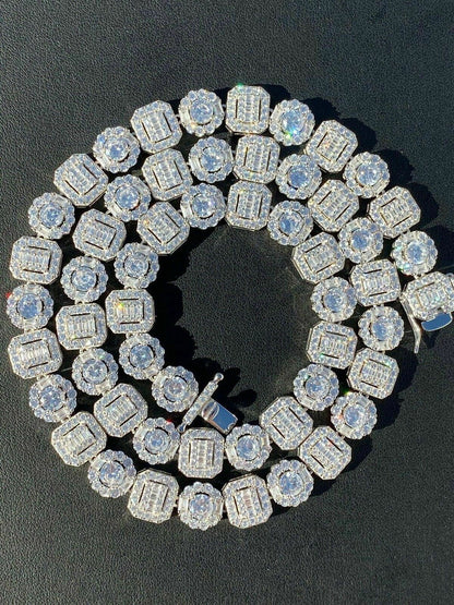 Cluster Tennis Link Chain Necklace Iced Out CZ Stones - 925 Silver - 10.5mm - 16"-30"