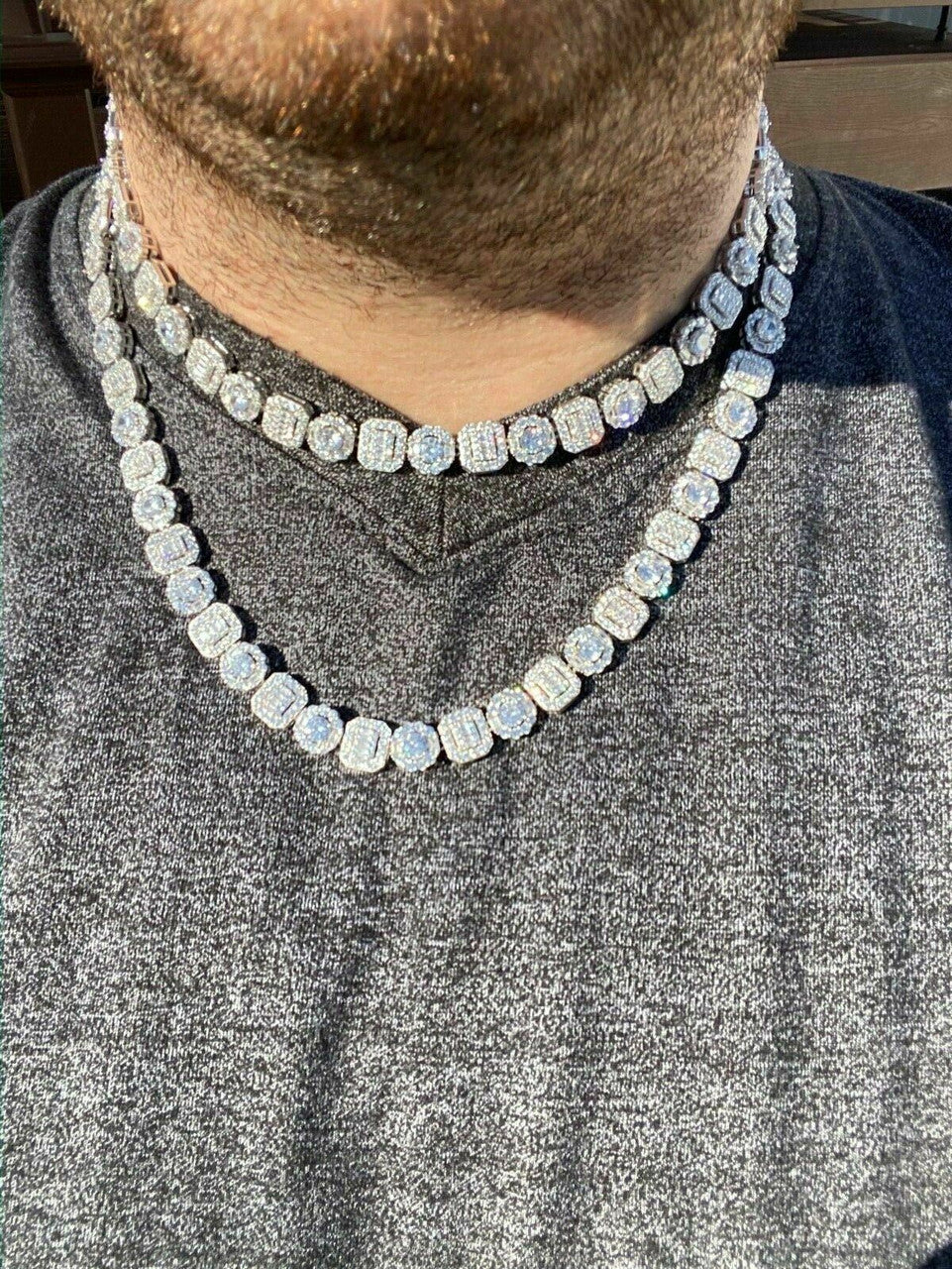 Cluster Tennis Link Chain Necklace Iced Out CZ Stones - 925 Silver - 10.5mm - 16"-30"