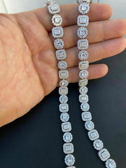 Cluster Tennis Link Chain Necklace Iced Out CZ Stones - 925 Silver - 10.5mm - 16"-30"