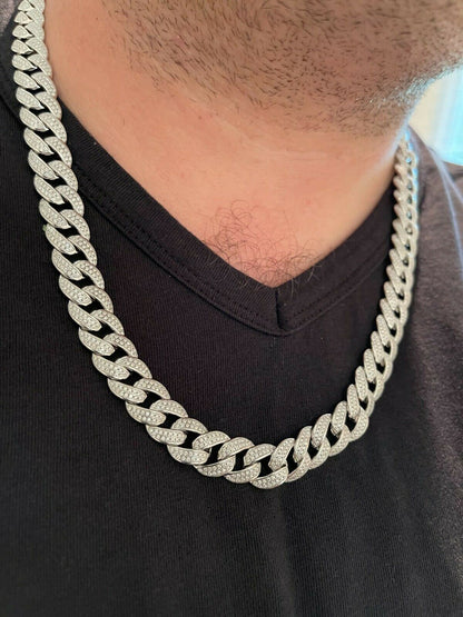 MOISSANITE Flat Miami Cuban Link Chain Necklace Iced Out - 925 Silver - 12mm - 16-30"