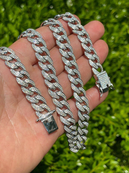 MOISSANITE Flat Miami Cuban Link Chain Necklace Iced Out - 925 Silver - 12mm - 16-30"