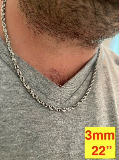 Rope Chain Necklace - White Gold Plated Stainless Steel - 18"-30" - 2mm-6mm