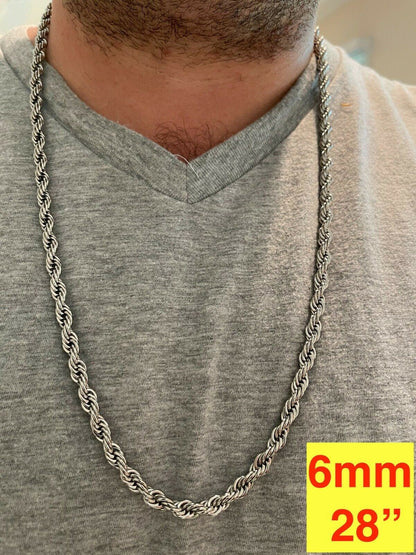 Rope Chain Necklace - White Gold Plated Stainless Steel - 18"-30" - 2mm-6mm