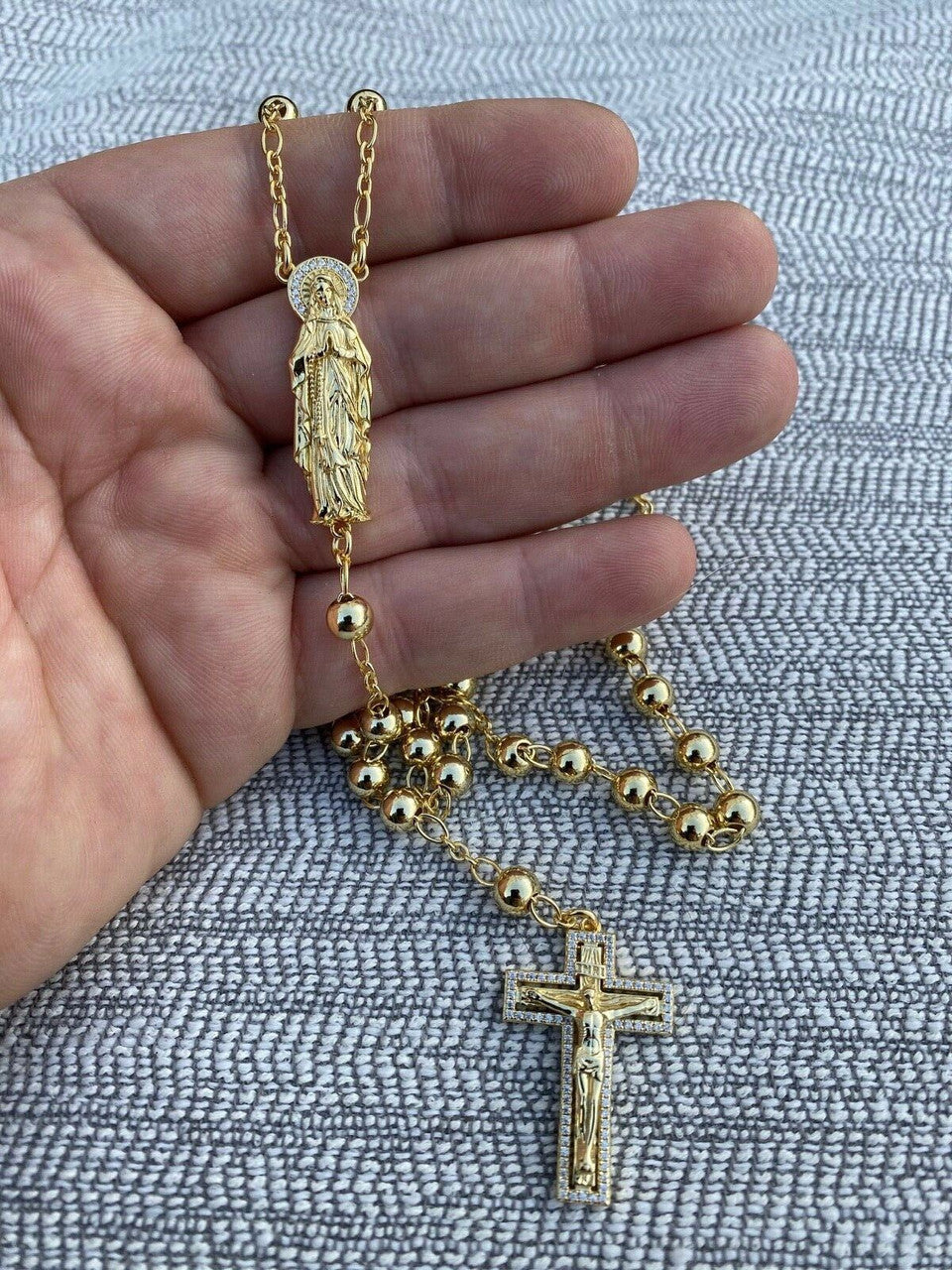 Our Divine Mother Of Jesus Rosary Beads Necklace Iced Out CZ Stones - 14k Gold Vermeil 925 Silver - 6mm - 30"