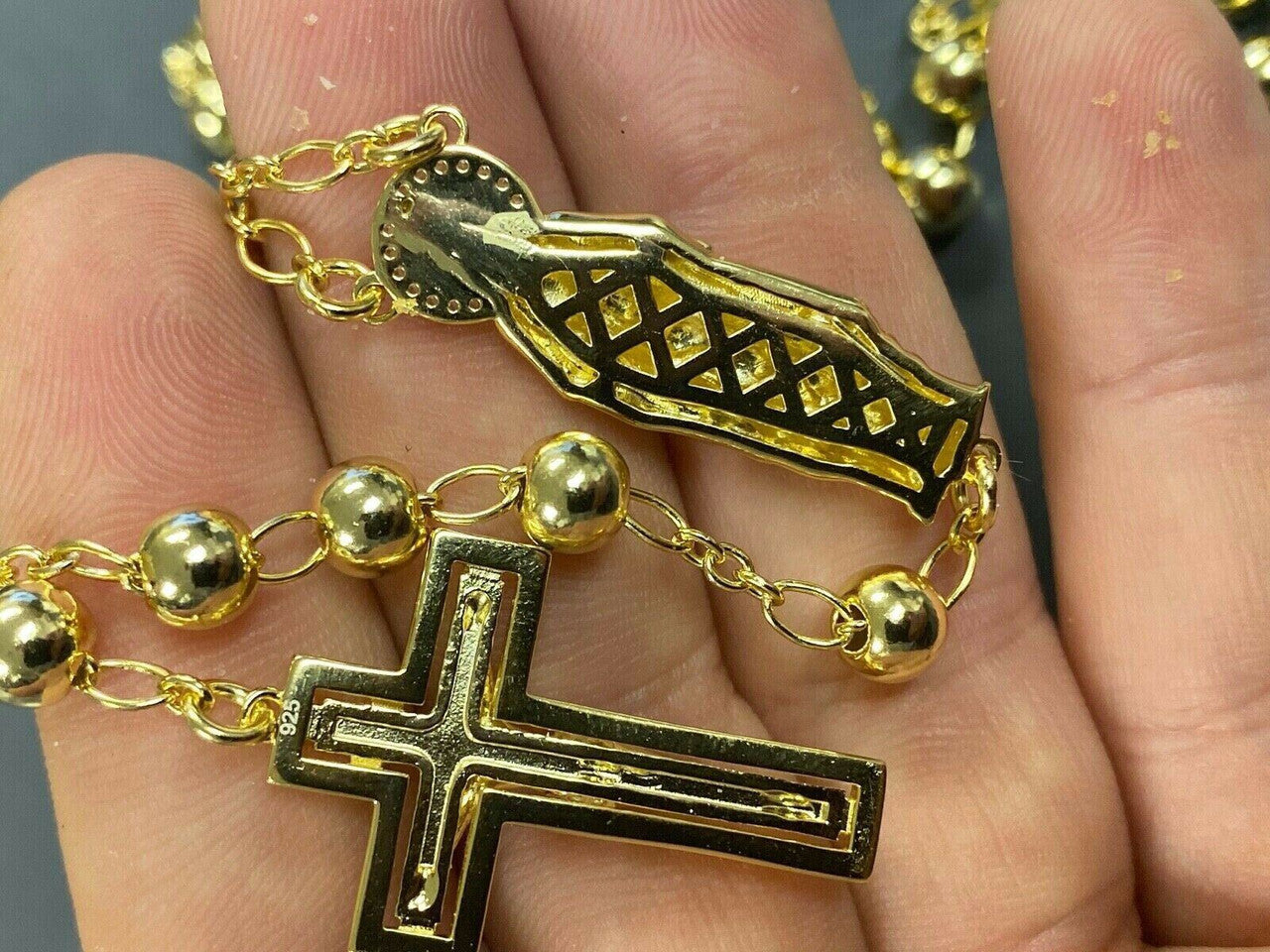 Our Divine Mother Of Jesus Rosary Beads Necklace Iced Out CZ Stones - 14k Gold Vermeil 925 Silver - 6mm - 30"