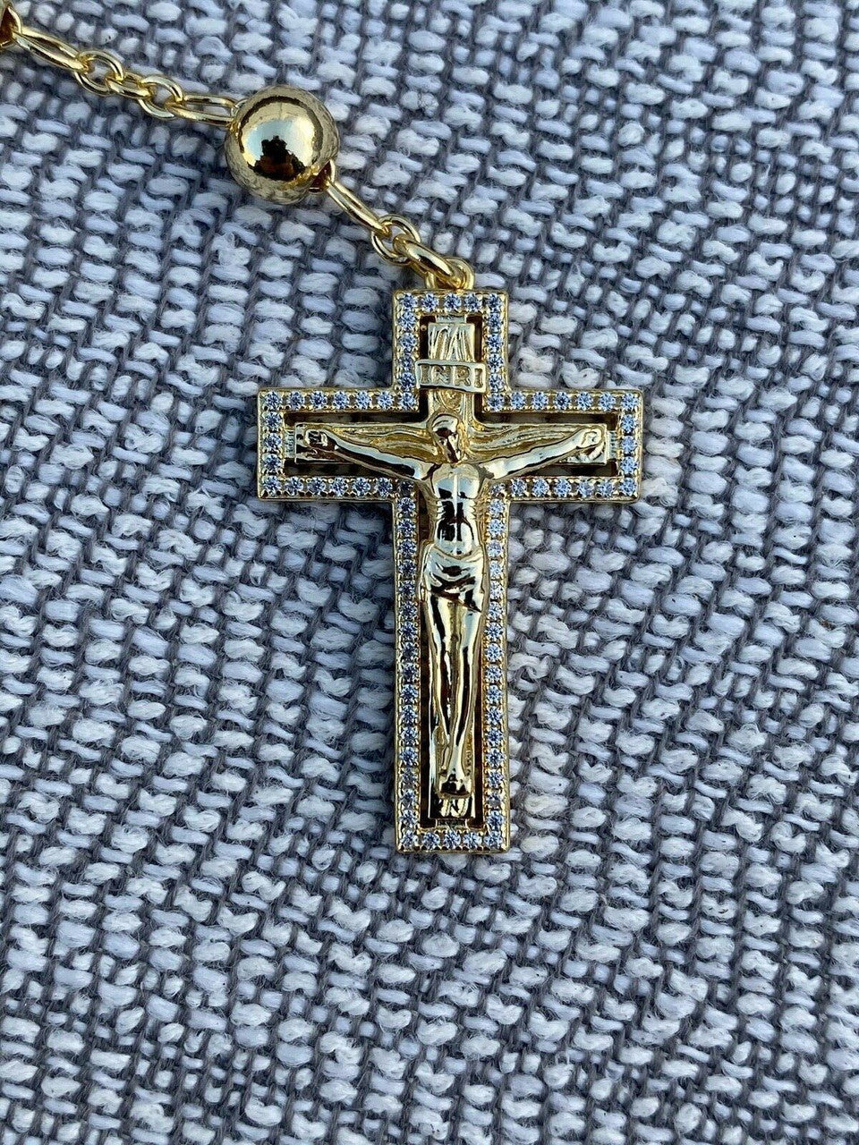 Our Divine Mother Of Jesus Rosary Beads Necklace Iced Out CZ Stones - 14k Gold Vermeil 925 Silver - 6mm - 30"