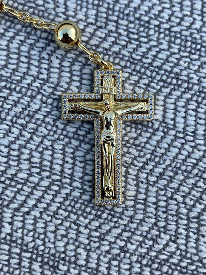 Our Divine Mother Of Jesus Rosary Beads Necklace Iced Out CZ Stones - 14k Gold Vermeil 925 Silver - 6mm - 30"