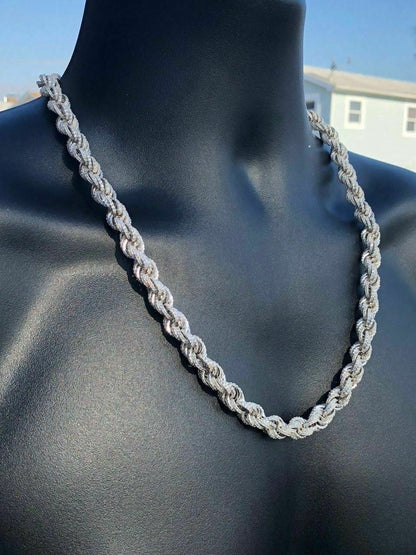 Rope Chain Necklace Iced Out CZ Stones - 925 Silver - 9mm - 16-30"
