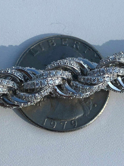 Rope Chain Necklace Iced Out CZ Stones - 925 Silver - 9mm - 16-30"